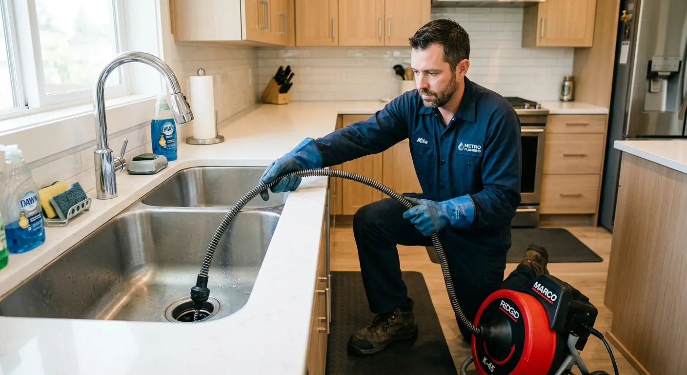 Drain cleaning technician using a motorized snake on a kitchen sink in Naples Manor