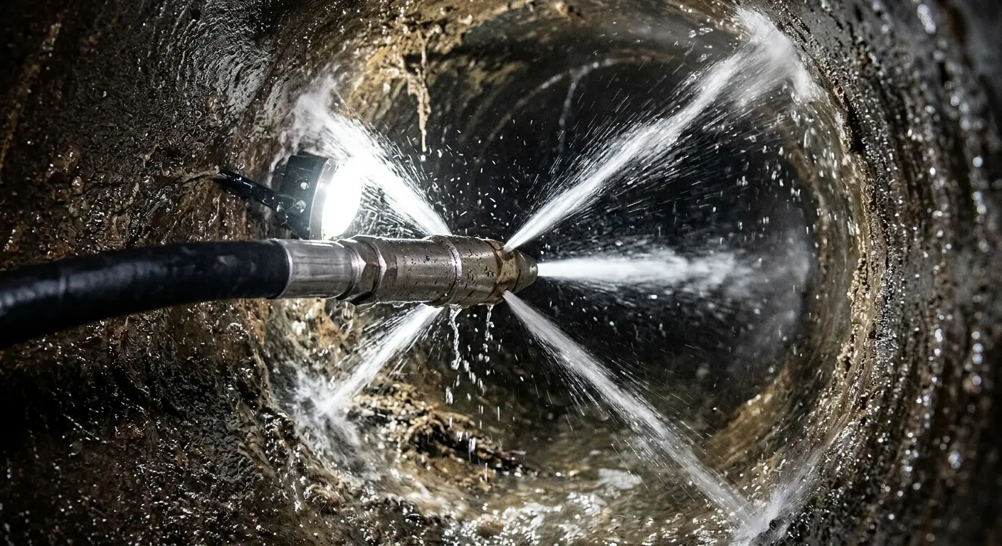 High-pressure hydro jetting nozzle cleaning sewer pipe for Storm Drain Cleaning in Naples Manor
