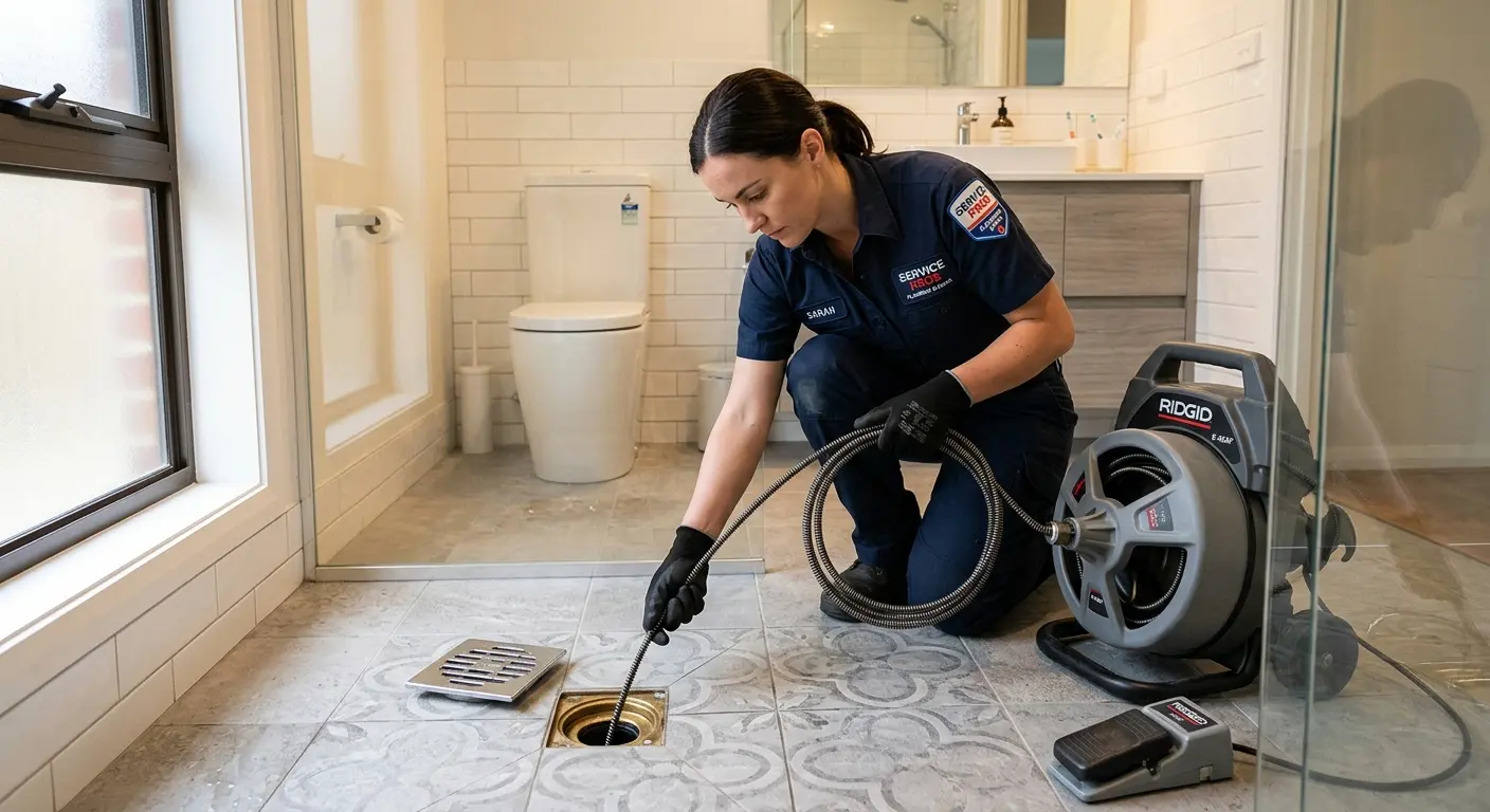 Technician clearing a bathroom floor drain for Drain Cleaning in Naples Manor